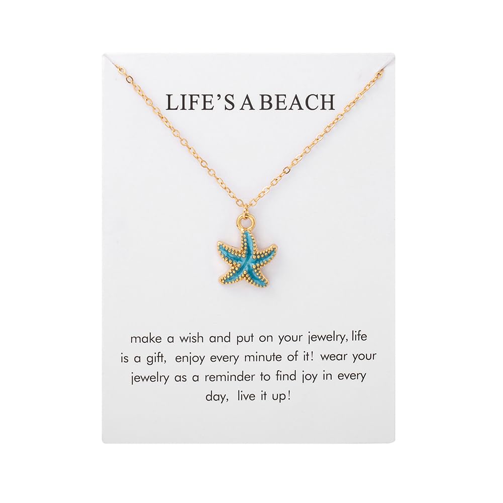 CIWEAI 6Pcs Gold Beach Starfish Necklace Set for Women Cute Beachy Hawaii Star Fish Bulk Necklaces Pack Trendy Hawaiian Friendship Matching Jewelry Accessories (Starfish-White-Card)