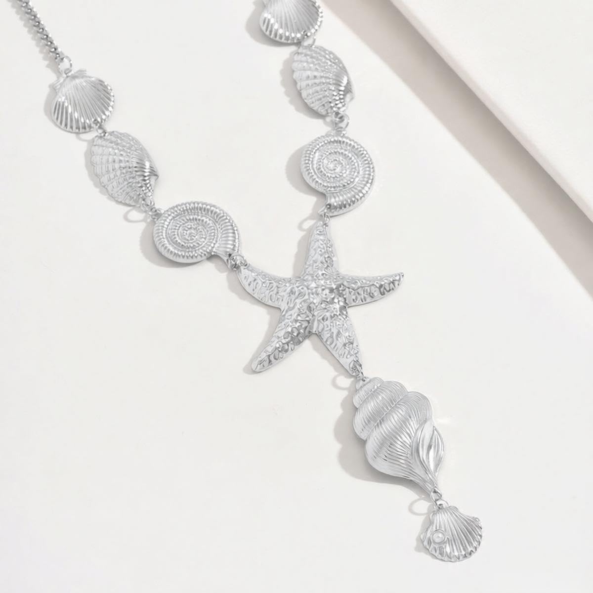 VIYPDRST Starfish Shell Necklaces For Women Big Seashell Beach Conch Y-Shaped Pendant Boho Summer Statement Beach Collar Holiday Jewelry (Silver)
