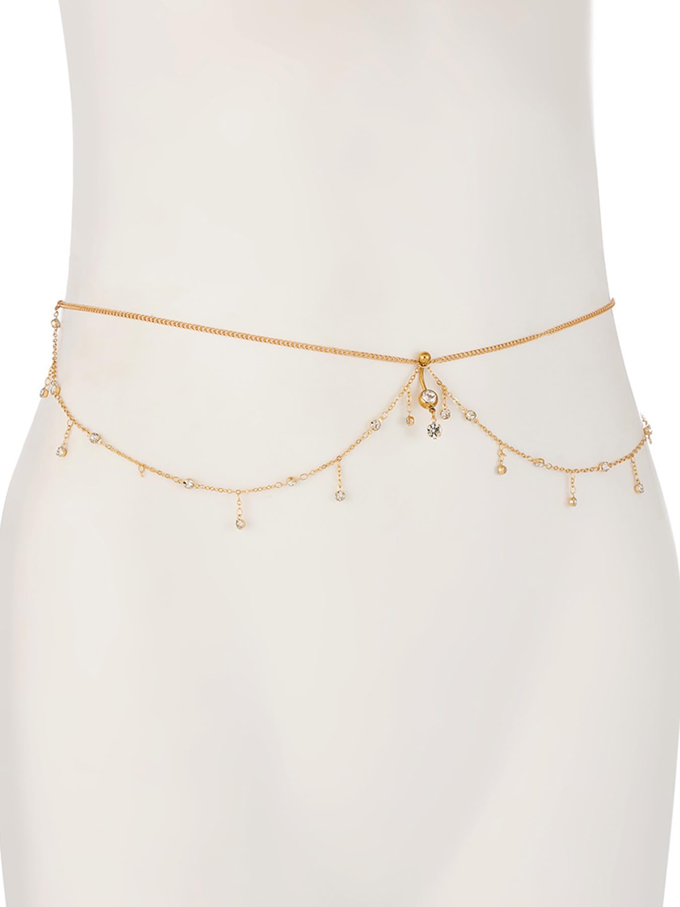 Longita Gold Waist Chain for Women Gold Belly Chain With Belly Rings Layered Stomach Chains Rhinestone Body Chain Waist Jewelry with Navel Ring