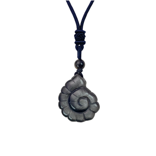 EDEN'S CALL Crystal Conch Shell Necklace for Women Healing Stone Ocean Pendant, Boho Beach Necklace with Polished Natural Gemstone Adjustable Cord Worry Stone Jewelry Gift, Silver Obsidian