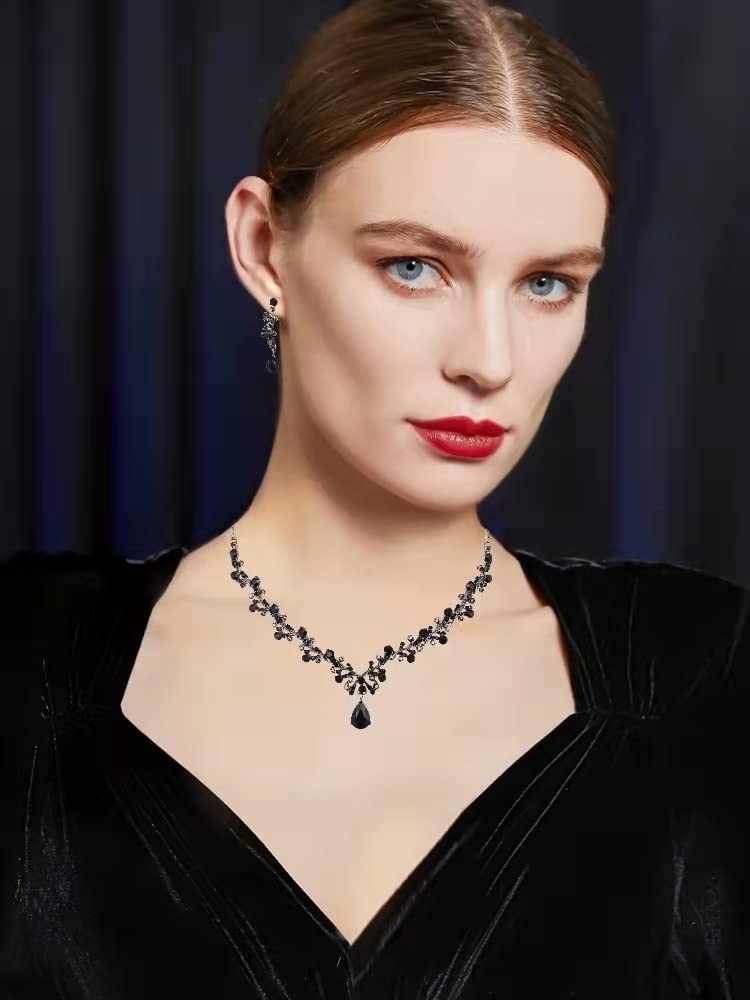 3Pcs Austrian Crystal Jewelry Set for Women, Necklace Dangle Earrings Link Bracelet Jewelry Set with Gold/Platinum/Gun Plated, Wedding Party Jewelry for Bridal Bridesmaid (Black-Gun Black)