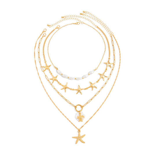 4PCS Layered Sea Turtle Starfish Pendant Necklace For Women Faux Pearl Coastal Beach Vacation Summer Choker Collar Gold Tone Ocean Jewelry Gift (Gold)