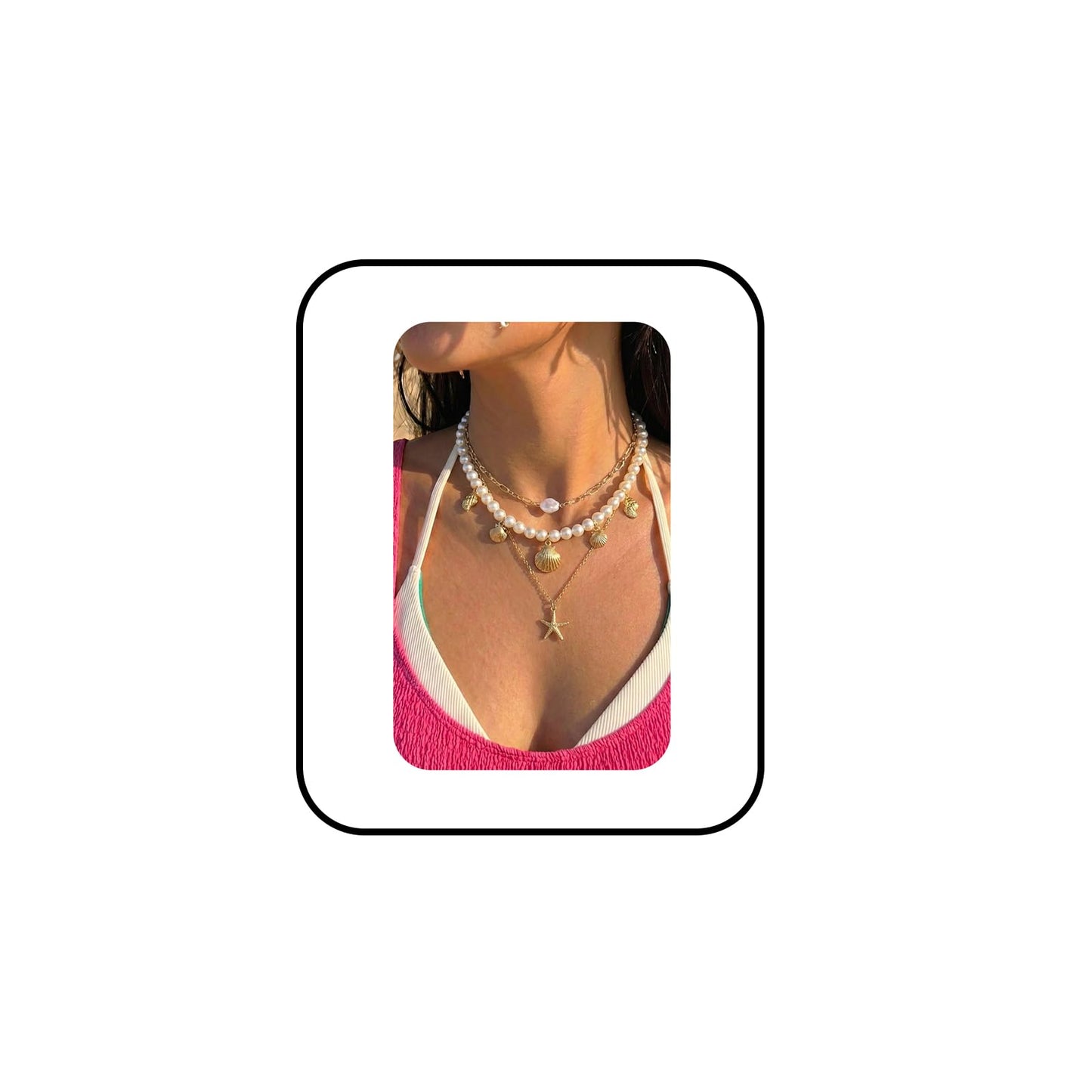 Boho Multi-layered Shell Starfish Necklace Layered Pearl Pendant Choker Necklace Fashionable Clavicle Chain Necklace Seaside Beach Vacation Jewelry for Women (Starfish2)