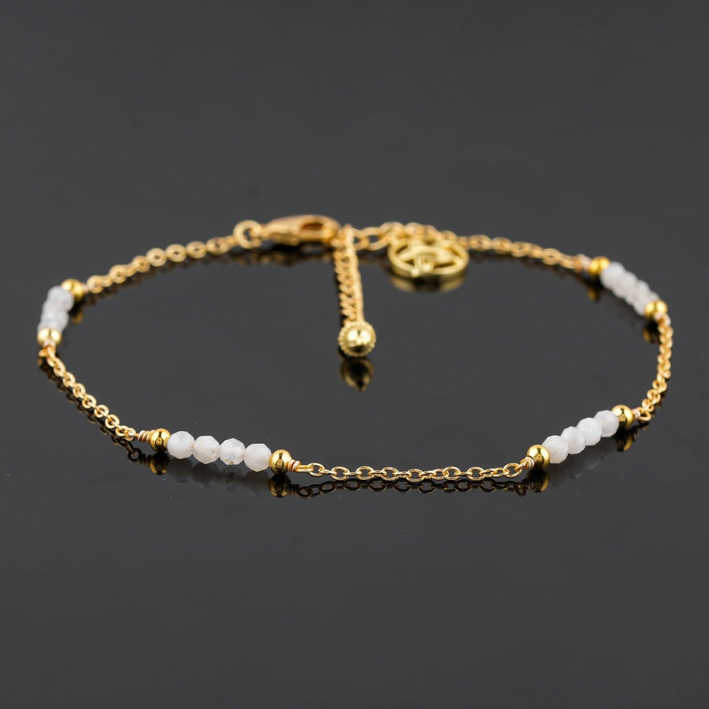 CRYSTALINES Natural Rainbow Moonstone Gemstone Beads, Handmade Station Dangle Star Charms Anklet, 14K Gold Plated, Adjustable Fashion Boho Jewelry for Women, Healing Crystals, Christmas Gift