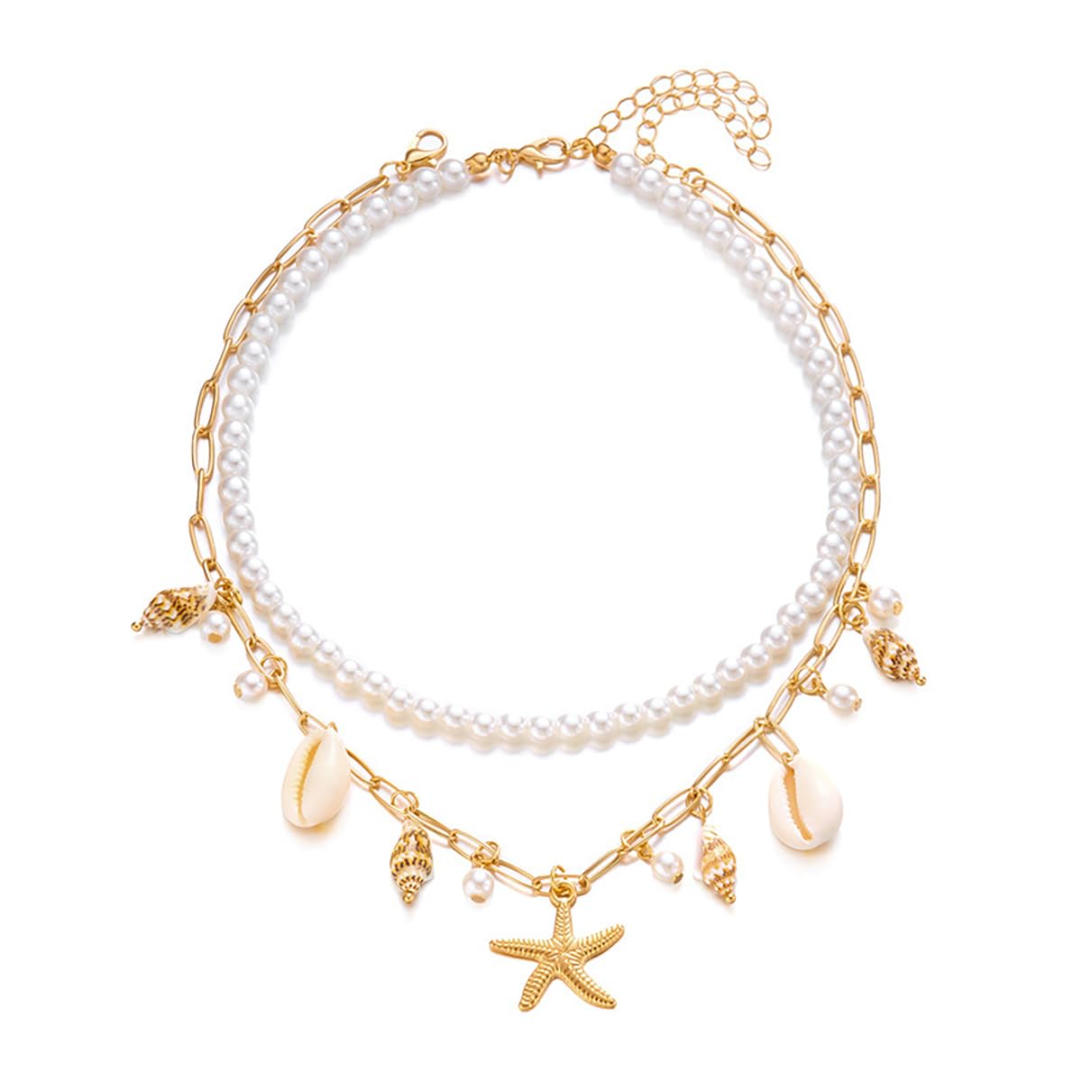Boho Multi-layered Shell Starfish Necklace Layered Pearl Pendant Choker Necklace Fashionable Clavicle Chain Necklace Seaside Beach Vacation Jewelry for Women (Starfish1)