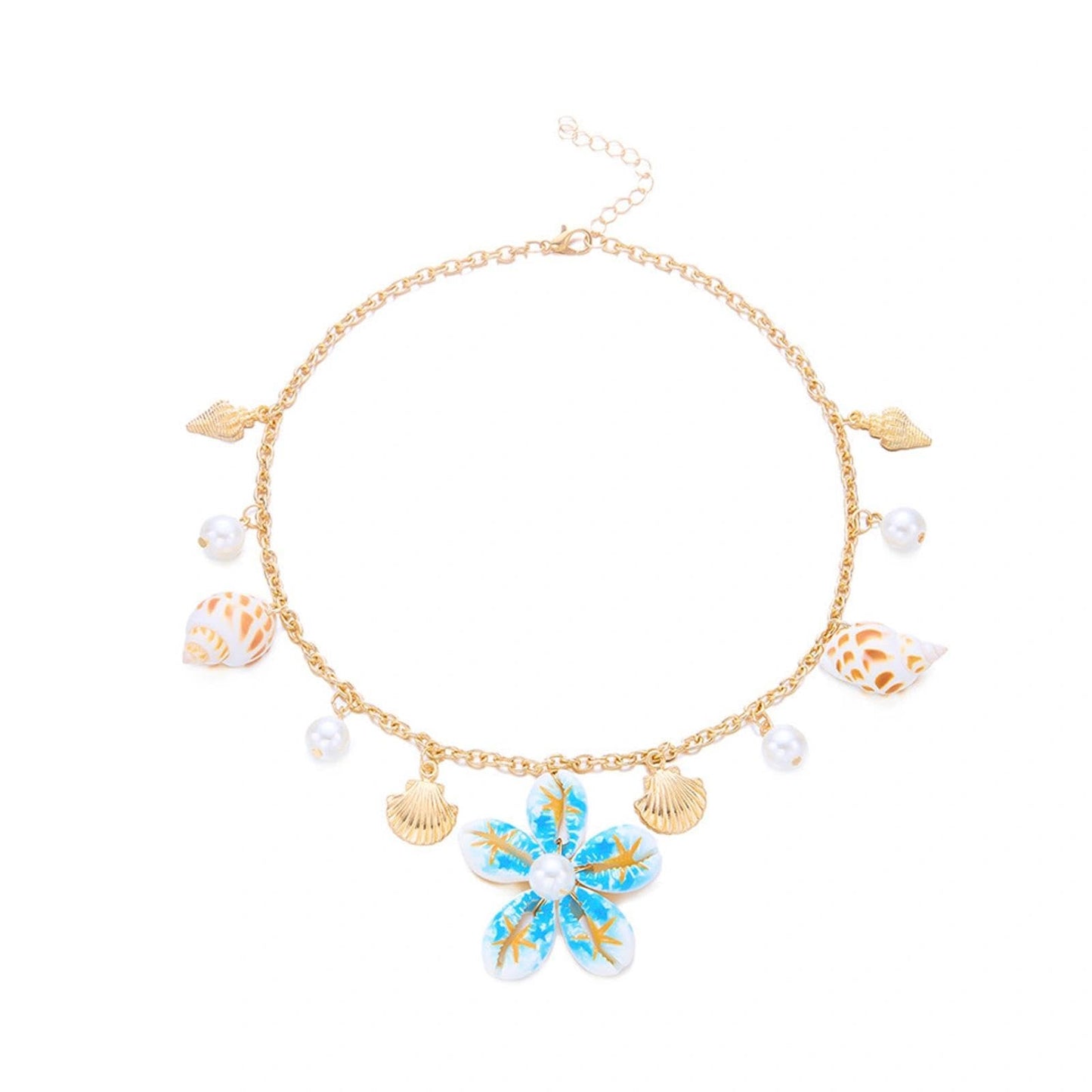 Gold Starfish Seashell Flower Charms Necklace for Women, Boho Adjustable Pearl Chain Choker Necklace Vintage Beachy Statement Jewelry Vacation Gifts (Blue)
