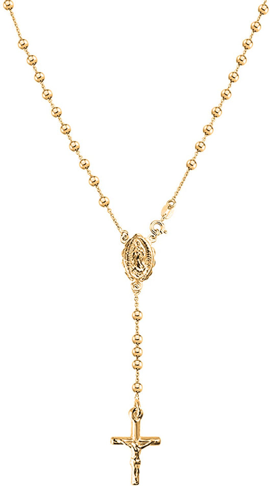 Savlano 925 Sterling Silver Italian Solid Bead Chain Cross & Rosary Virgin Mary Pendant -18K Gold Plated Y Necklace Comes With Gift Box for Women - Made in Italy (24, 4mm)