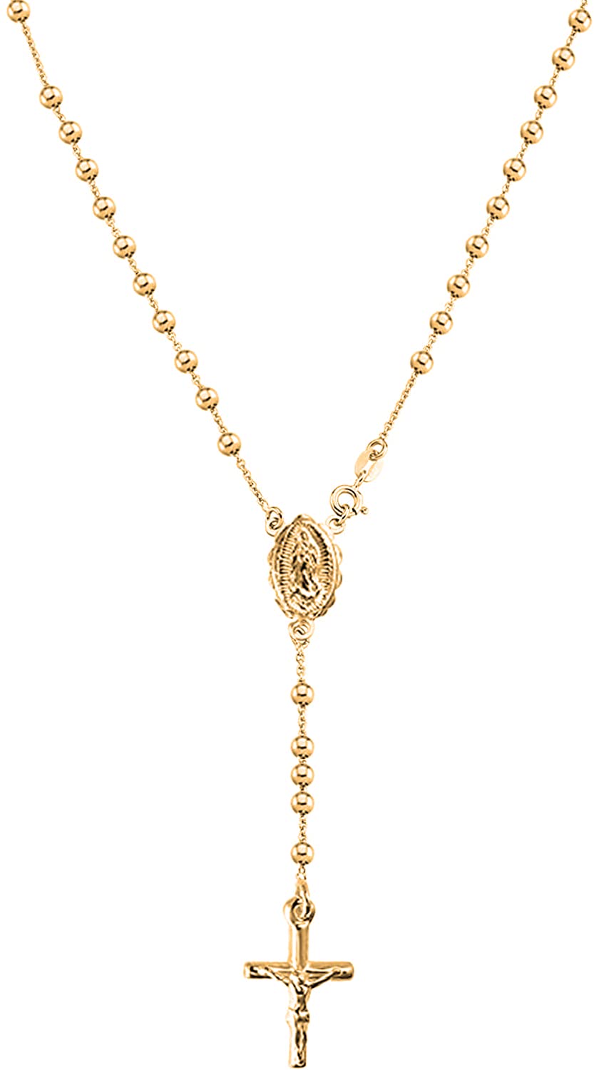 Savlano 925 Sterling Silver Italian Solid Bead Chain Cross & Rosary Virgin Mary Pendant -18K Gold Plated Y Necklace Comes With Gift Box for Women - Made in Italy (20, 4mm)