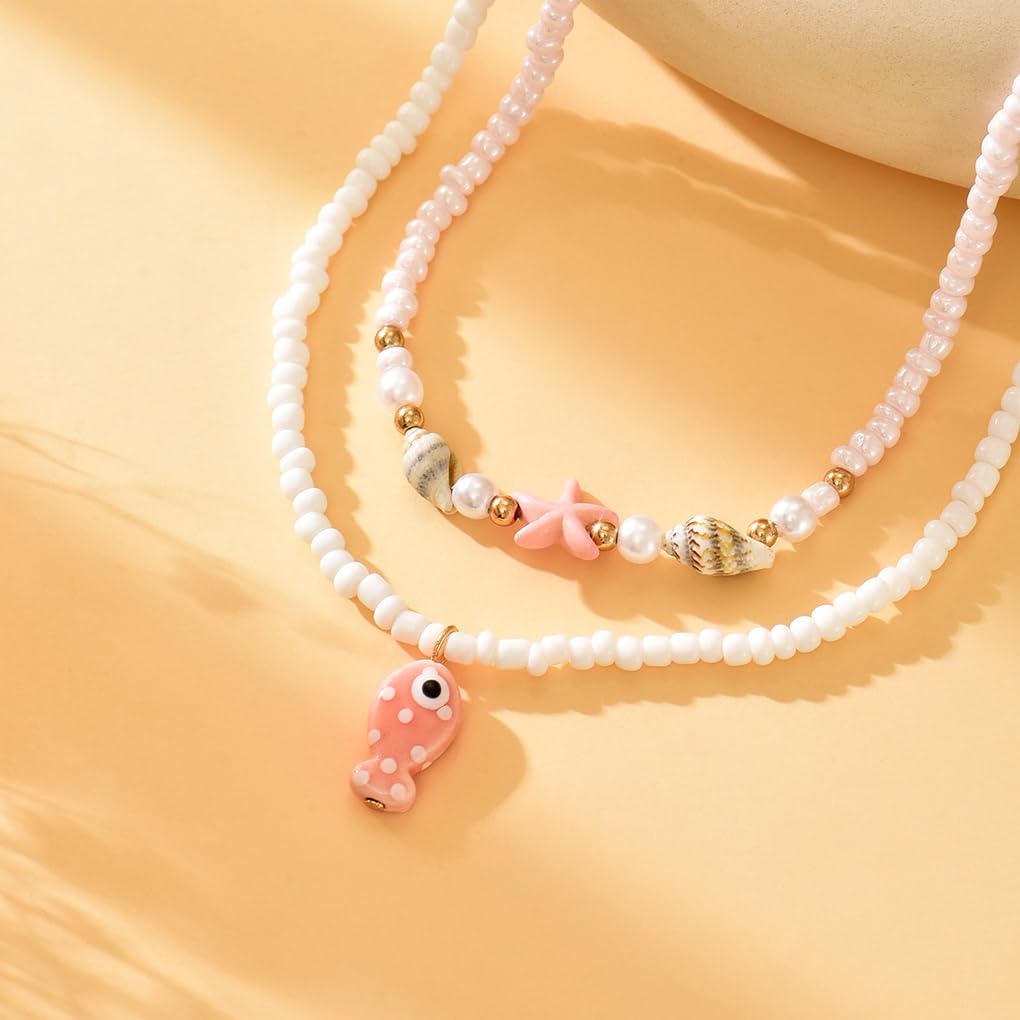 Starfish Conch Layered Necklaces for Women Charm Pearl Beaded Choker Necklace Boho Starfish Fish Pendant Necklaces Trendy Beach Jewlery Accessories (White3)