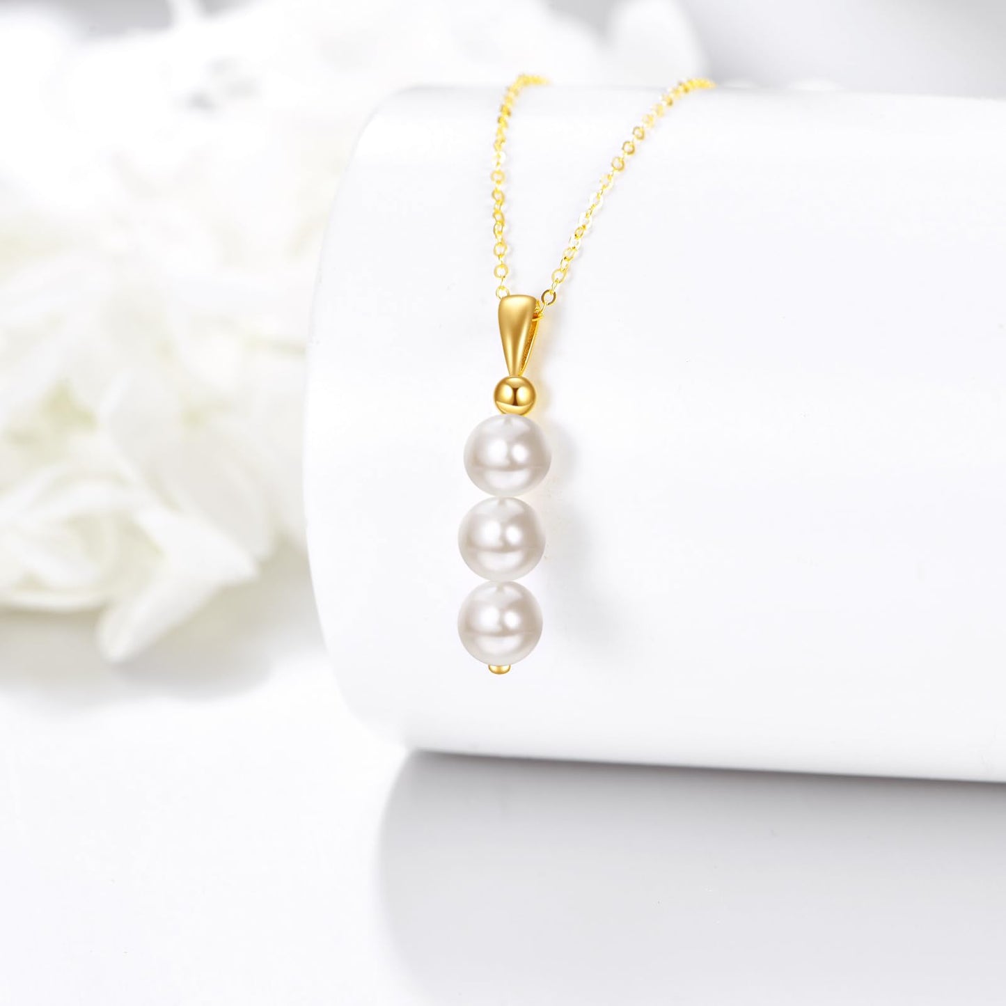 14K Yellow Gold Pearl Necklace for Women,Natural Freshwater Cultured 3 Pearl Necklace Gold Jewelry Gift (05-3 Pearl (6MM) Necklace)