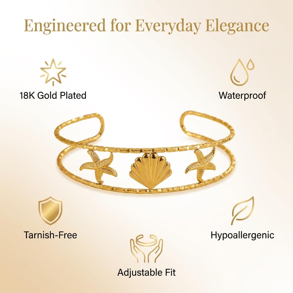 MystiGlimmer Starfish Bracelet with Luxury Gift Box 18K Gold Plated Stainless Steel, Adjustable Open Cuff, Waterproof & Hypoallergenic Jewelry Gift for Women (Seashell-Starfish3)