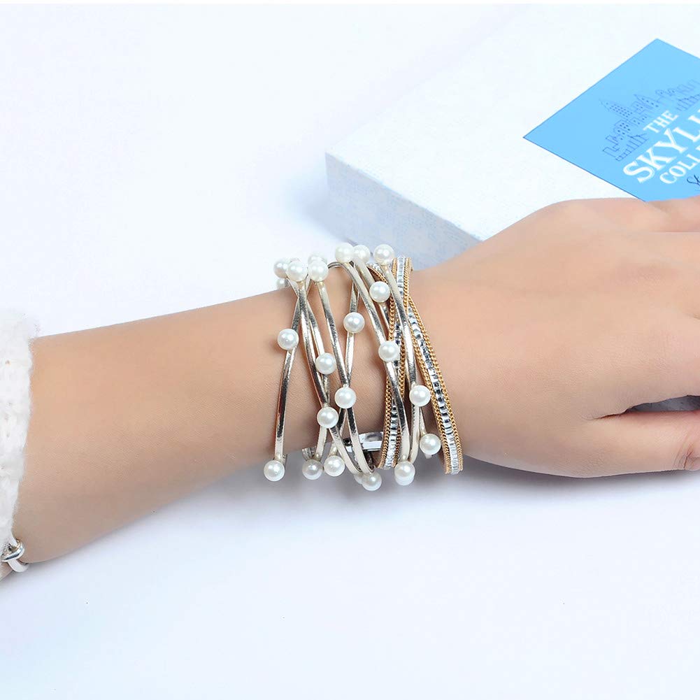Artilady Leather Wrap Bracelet for Women - Handmade Clasp Bangle Bracelet with Pearl Beads Crystal Wristbands Christmas Jewelry Gift for Ladies and Mother