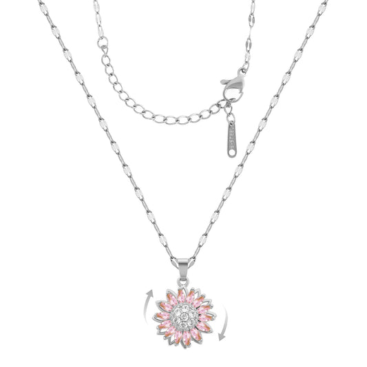 KONPJE Sunflower Fidget Necklace for Women Gold Moon Necklace Rotating Heart Necklaces Spinning Crystal Sunflower Anxiety Necklaces Crescent Moons Jewelry Accessories (SilverPink)