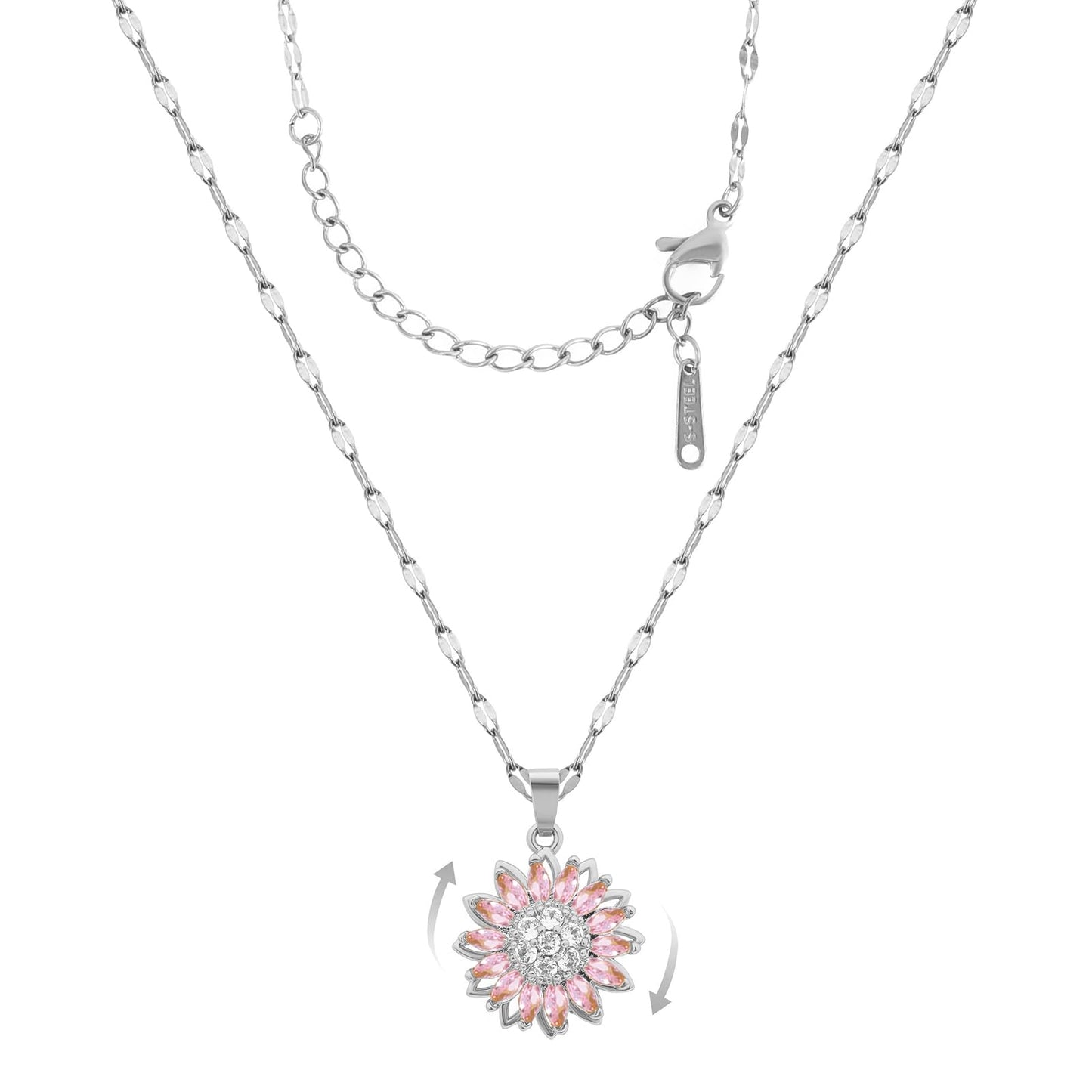 KONPJE Sunflower Fidget Necklace for Women Gold Moon Necklace Rotating Heart Necklaces Spinning Crystal Sunflower Anxiety Necklaces Crescent Moons Jewelry Accessories (SilverPink)