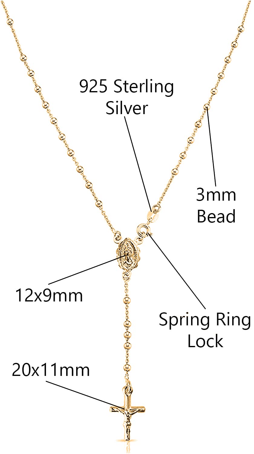 Savlano 925 Sterling Silver Italian Solid Bead Chain Cross & Rosary Virgin Mary Pendant -18K Gold Plated Y Necklace Comes With Gift Box for Women - Made in Italy (18, 3mm)