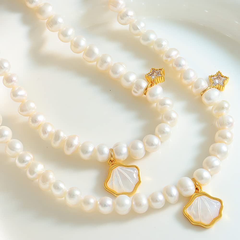 18K Gold Beaded Pearl Choker Necklace for Women,Freshwater Cultured Pearl Shell Shape Pendant Necklaces,Fashion Jewelry Gift for Her (Style 3, 18K Gold)