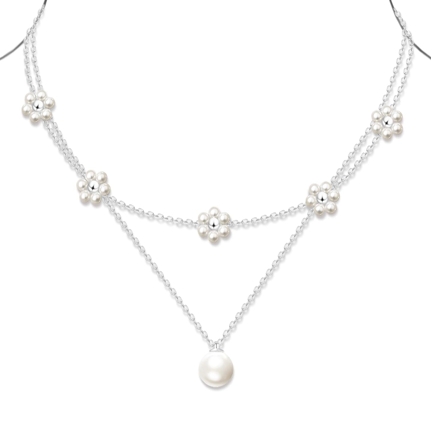 OGD Layered Silver Pearl Necklaces 925 Silver Plated Dainty Layered Single Simple Pearl Choker Chain Cute Daisy Pearls Choker Necklace Set Flower Necklaces for Women Trendy Jewelry Gifts
