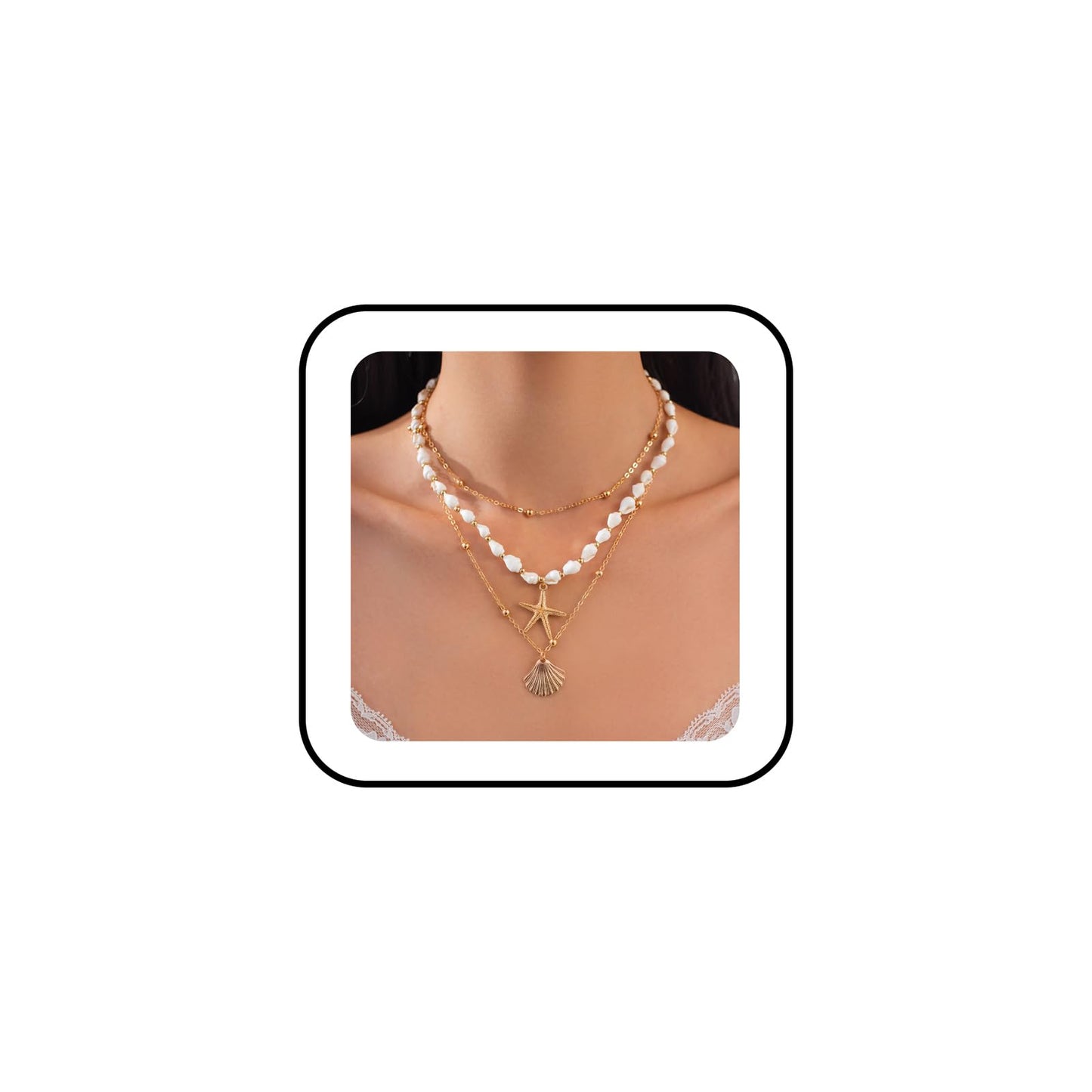 GYRMMUE Gold Starfish Necklaces for Women Boho Seashell Pendant Layered Necklaces Set Dainty Ocean Beach Charm Necklace Hawaiian Shell Stackable Beaded Necklace Summer Vacation Jewelry (White)