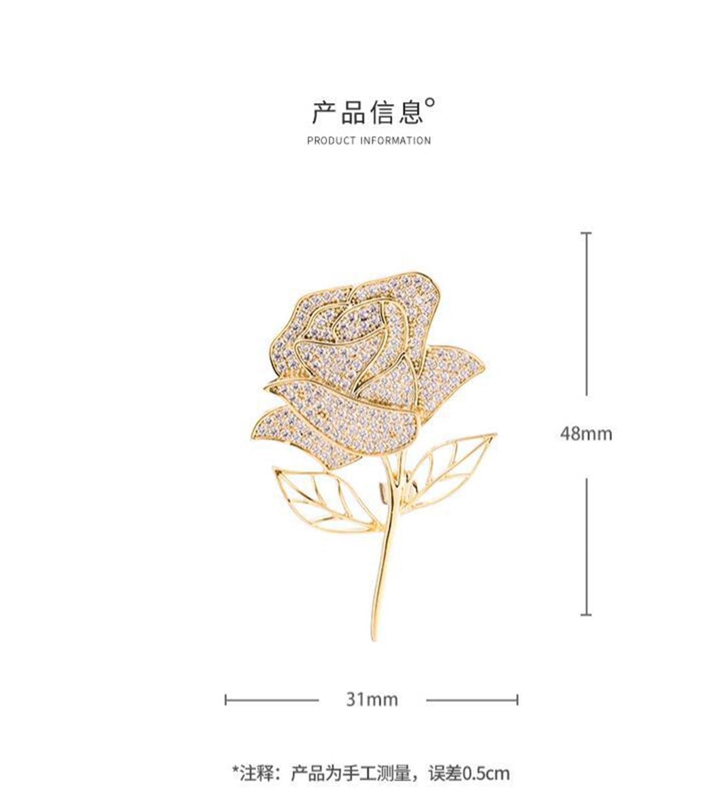 Rose Flower Brooch Elegant Red Rhinestone Crystal Rose Lapel Pin Dress Accessories Jewelry-gold A