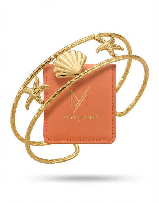 MystiGlimmer Starfish Bracelet with Luxury Gift Box 18K Gold Plated Stainless Steel, Adjustable Open Cuff, Waterproof & Hypoallergenic Jewelry Gift for Women (Seashell-Starfish3)