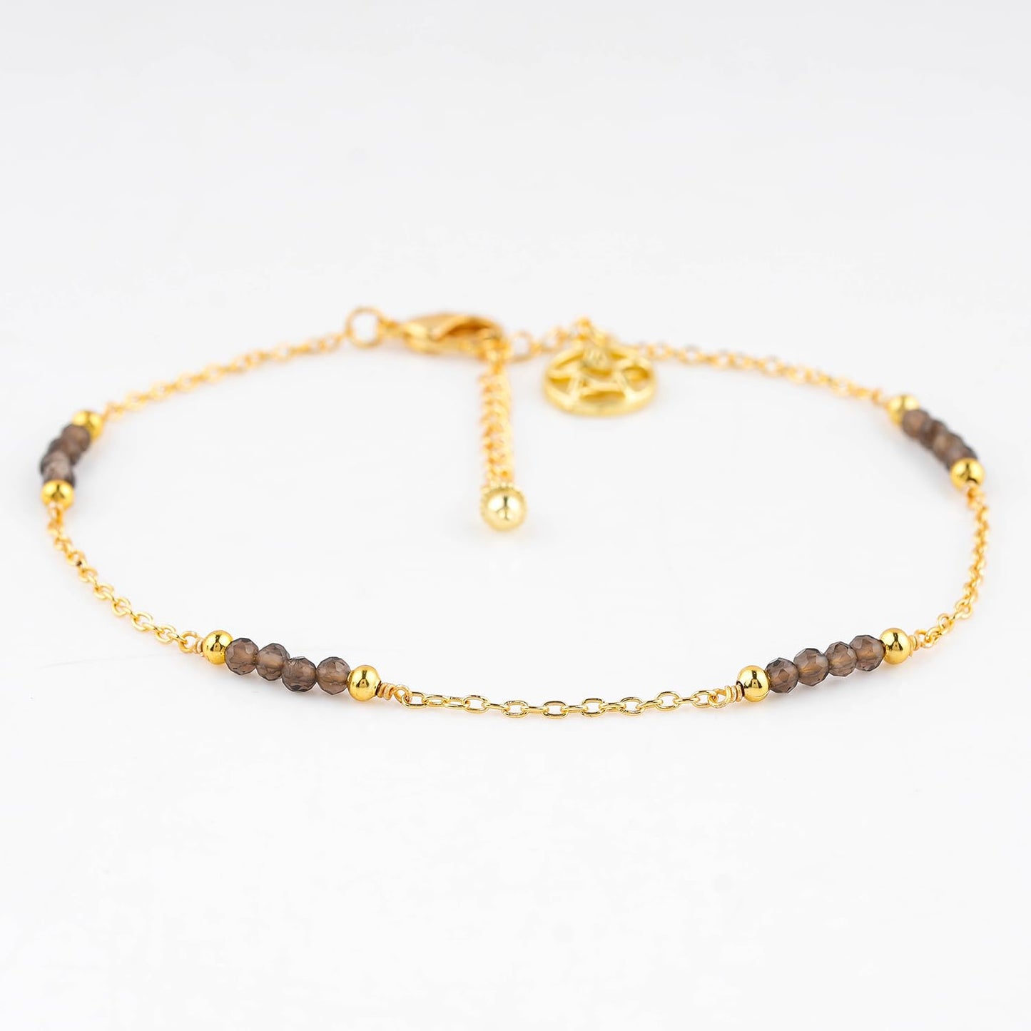CRYSTALINES Natural Smoky Quartz Gemstone Beads, Handmade Station Dangle Star Charms Anklet, 14K Gold Plated, Adjustable Fashion Boho Jewelry for Women, Healing Crystals, Christmas Gift