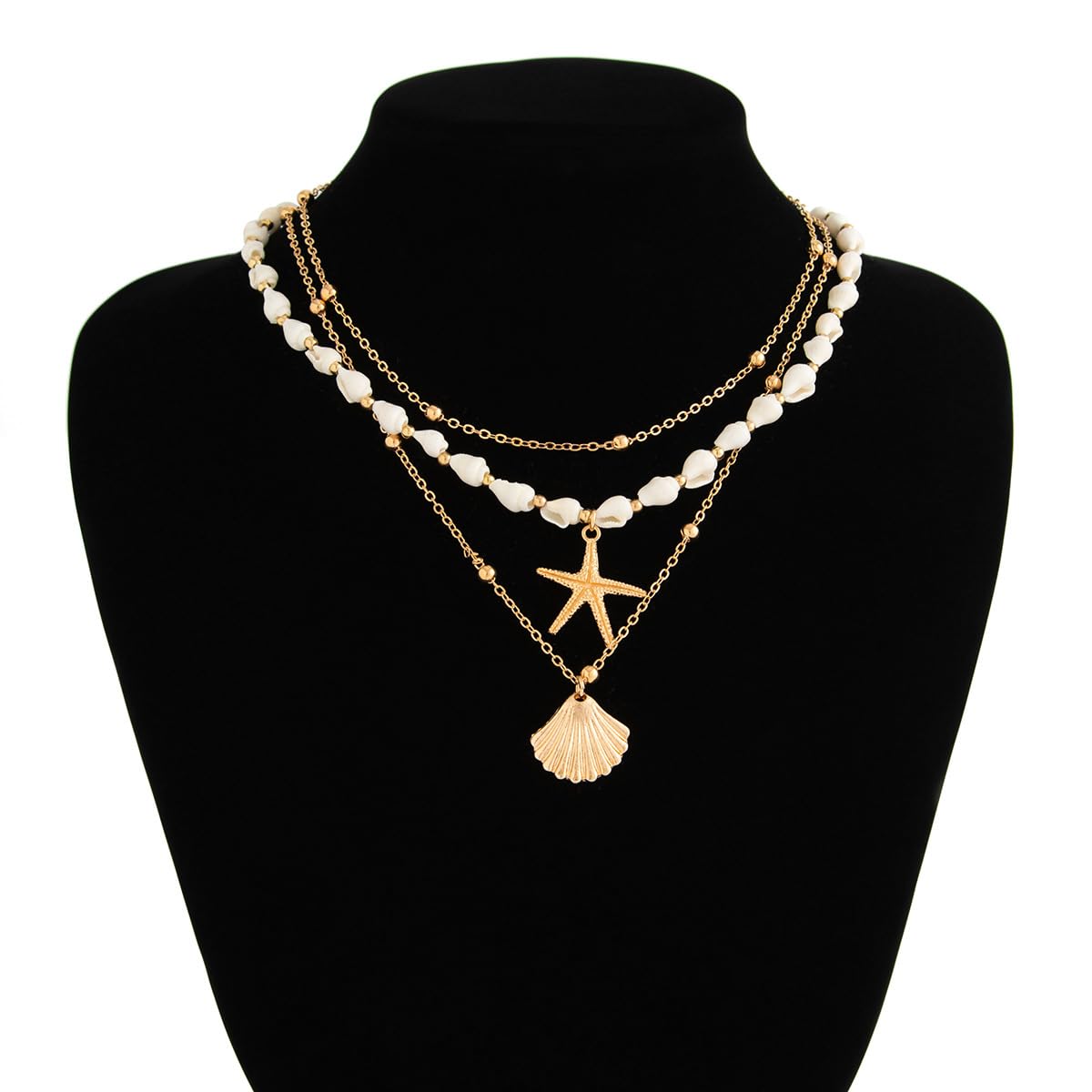 SRUCVOU Layered Shells Starfish Scallop Pendant Necklace For Women Coastal Beach Holiday Beaded Chain Necklace Gold Tone Ocean Style Vacation Jewelry (Gold)