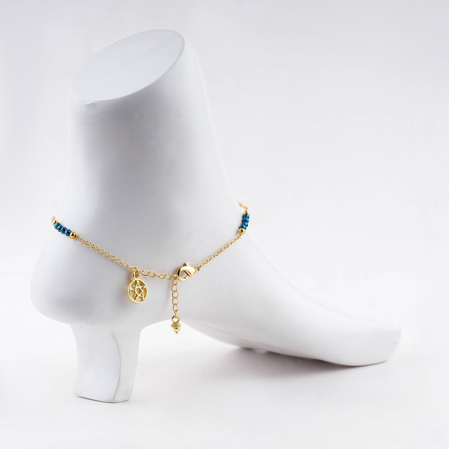 CRYSTALINES Natural Blue Hametite Gemstone Beads, Handmade Station Dangle Star Charms Anklet, 14K Gold Plated, Adjustable Fashion Boho Jewelry for Women, Healing Crystals, Christmas Gift