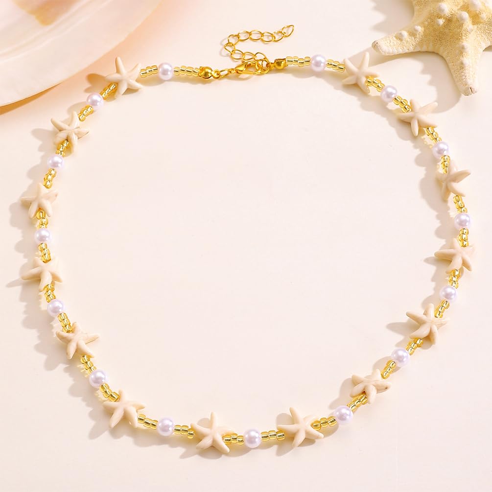 Dainty Starfish Pearl Beaded Choker Necklace, Layered Sea Shell Pearls Pendant Star Beads Necklaces for Women Chic Sweet Beach Coastal Party Jewelry Gift (Gold 1)