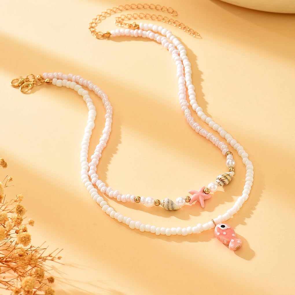 Starfish Conch Layered Necklaces for Women Charm Pearl Beaded Choker Necklace Boho Starfish Fish Pendant Necklaces Trendy Beach Jewlery Accessories (White3)