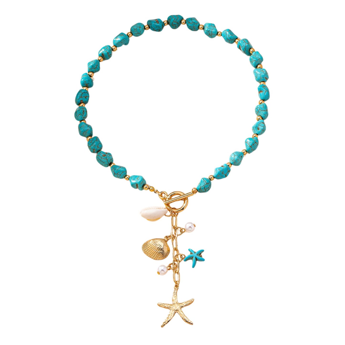 Stringex Seashell Starfish Choker Necklace for Women Boho Gold Starfish Pendant Necklaces Chunky Turquoise Beaded Long Necklace Trendy Holiday Jewelry Gifts (Teal)
