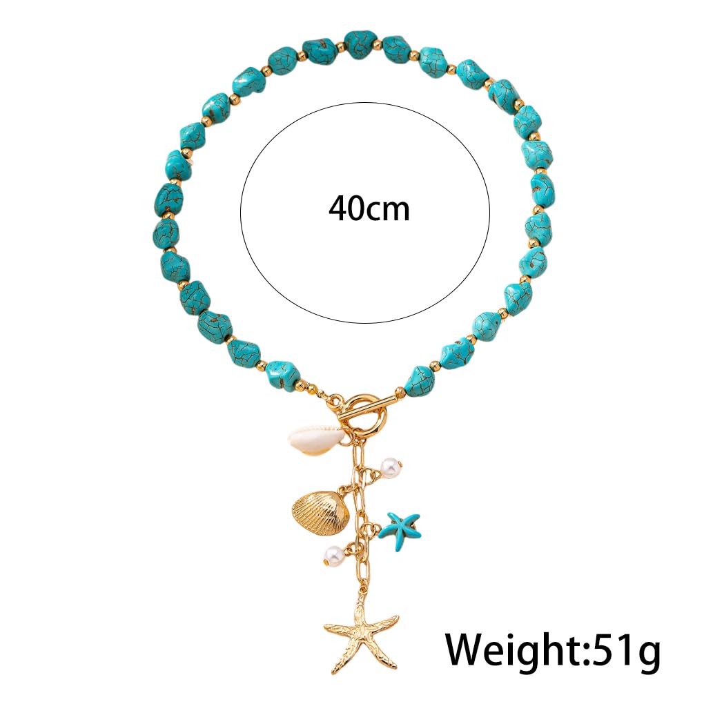 Stringex Seashell Starfish Choker Necklace for Women Boho Gold Starfish Pendant Necklaces Chunky Turquoise Beaded Long Necklace Trendy Holiday Jewelry Gifts (Teal)