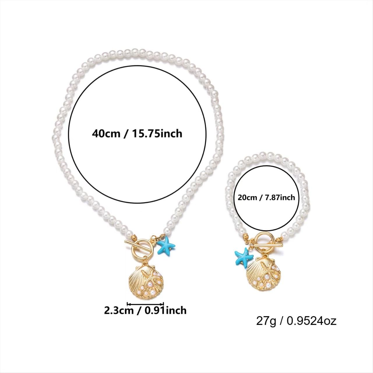 FemmeFeast Pearl Shell Jewelry Set for Women OT Buckle Closure Necklace and Bracelet Ocean-Themed Set with Starfish & Seashell Charms Beach Holiday Jewelry Gift (A-Pearl)