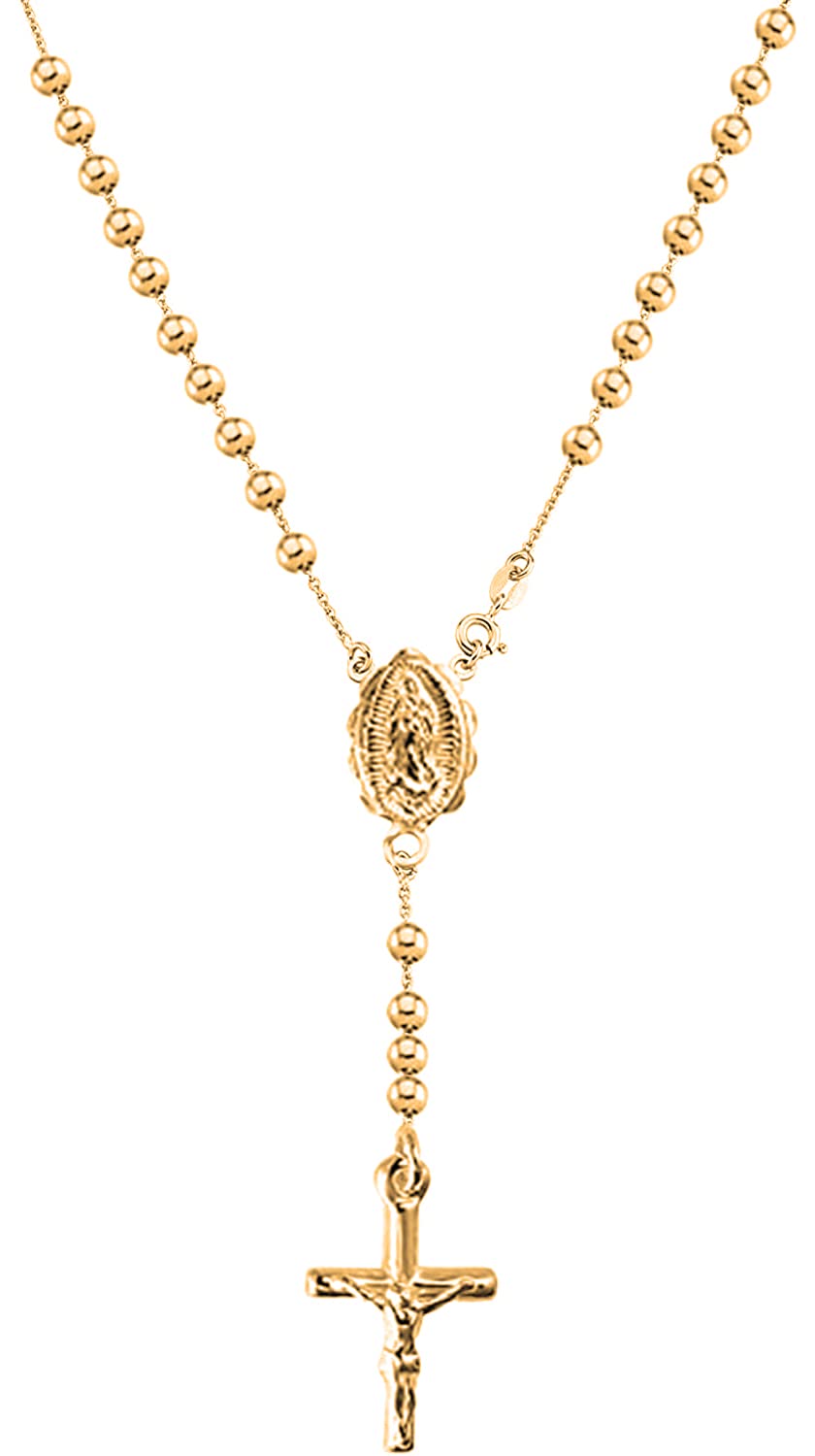 Savlano 925 Sterling Silver Italian Solid Bead Chain Cross & Rosary Virgin Mary Pendant -18K Gold Plated Y Necklace Comes With Gift Box for Women - Made in Italy (20, 5mm)