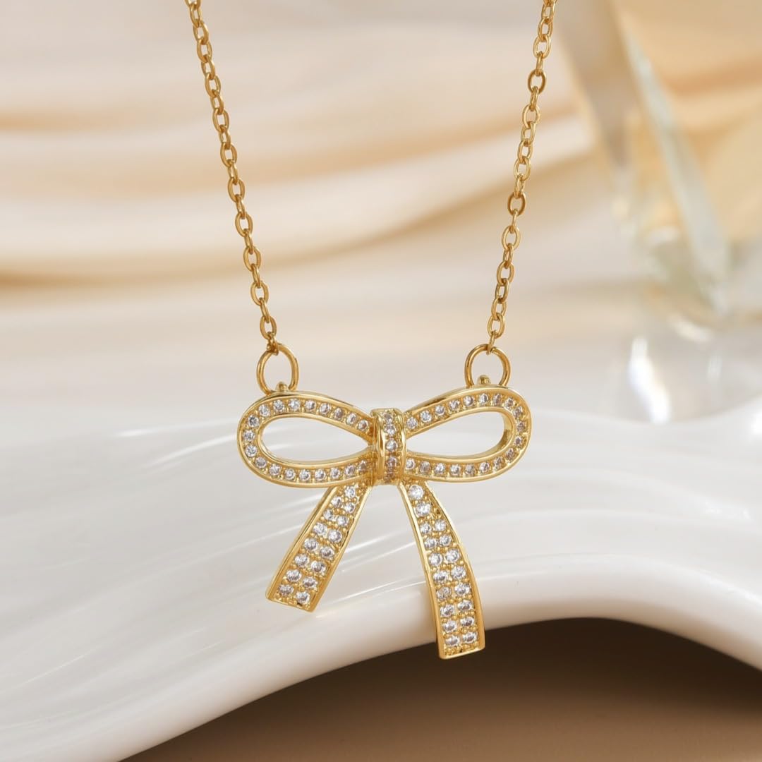 ZKJTEARY Bow necklace for Women Trendy Dainty 18k Gold Plated Cubic zirconia Charm Pendent Necklace Minimalist Delicate Bow Jewelry for Women Valentine Christmas Gift (bow)