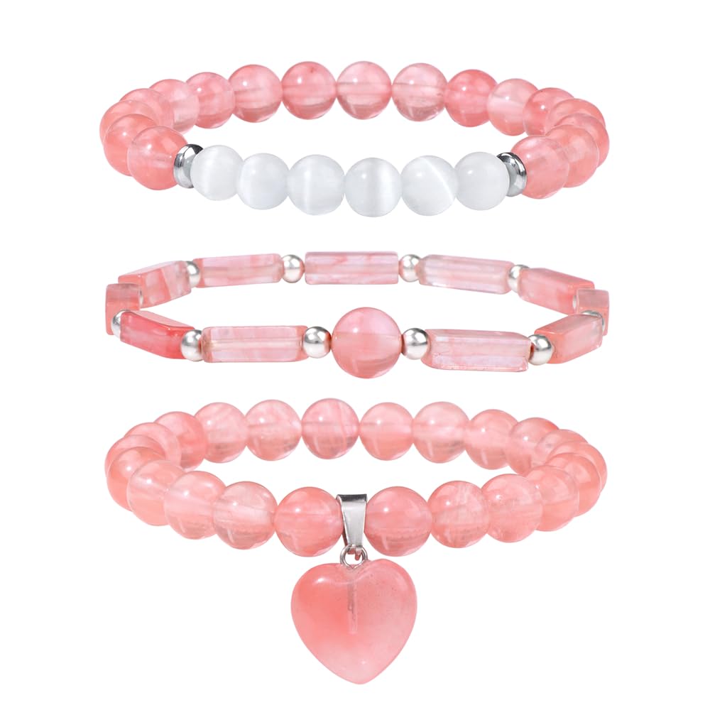Vinswet Healing Crystal Beaded Bracelets for Women,Natural Watermelon crystal Moonstone Gemstones Bracelet,Anxiety Stress Relief Heart Charm Bracelet Handmade Red Jewelry Gifts for Women (3pcs)