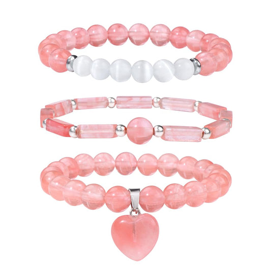 Vinswet Healing Crystal Beaded Bracelets for Women,Natural Watermelon crystal Moonstone Gemstones Bracelet,Anxiety Stress Relief Heart Charm Bracelet Handmade Red Jewelry Gifts for Women (3pcs)