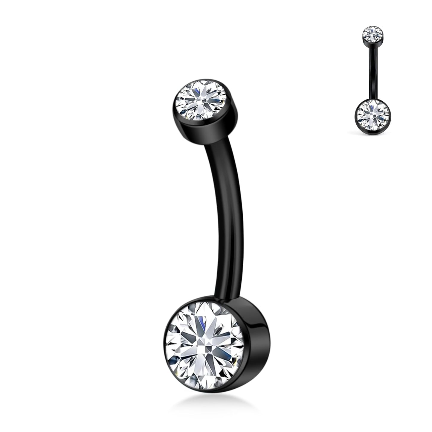 XUU Titanium Belly Button Rings, Black & Silver – 14G Internally Threaded Navel Piercing Jewelry, 10mm & 12mm Curved Barbells with 7 Colors Gems – Hypoallergenic (Black-Clear cz, 10MM)