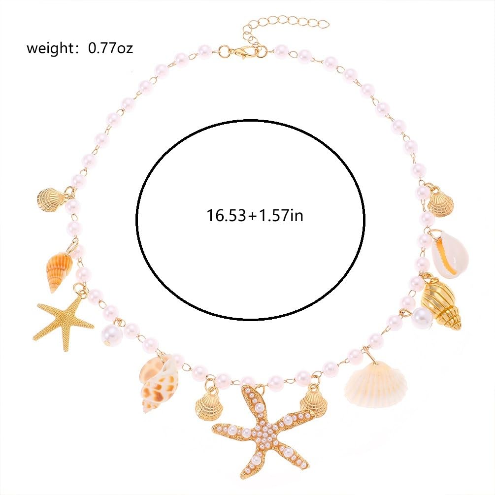 Charming Beachy Sea shell star Starfish Necklace for Women, Dainty Boho Beaded Pearl Seashell Conch Choker Necklaces Cute Beach Holiday Jewelry Accessories (Gold)