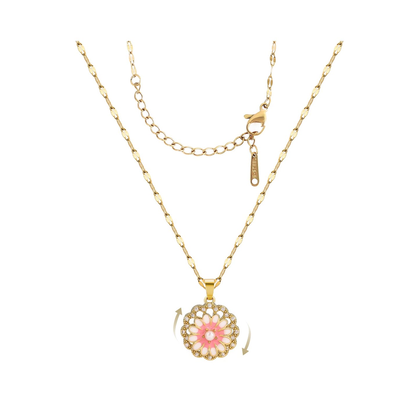 KONPJE Sunflower Fidget Necklace for Women Gold Moon Necklace Rotating Heart Necklaces Spinning Crystal Sunflower Anxiety Necklaces Crescent Moons Jewelry Accessories (Pink and White)