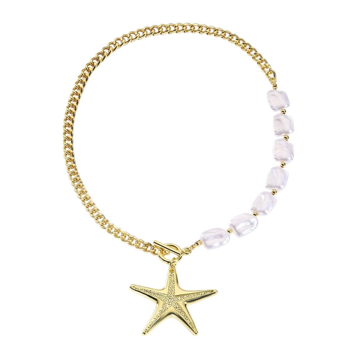 Metal Starfish Pendant Necklace with Baroque Pearls, Summer Beach Gold Chain Ocean Jewellery Fashionable Seashell Charm Choker for Women Trendy Boho Statement Jewelry