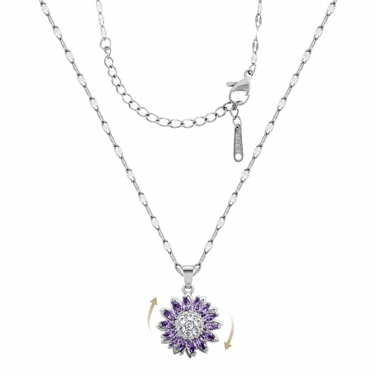 KONPJE Sunflower Fidget Necklace for Women Gold Moon Necklace Rotating Heart Necklaces Spinning Crystal Flower Anxiety Necklaces Crescent Moons Jewelry Accessories (Silver Purple)