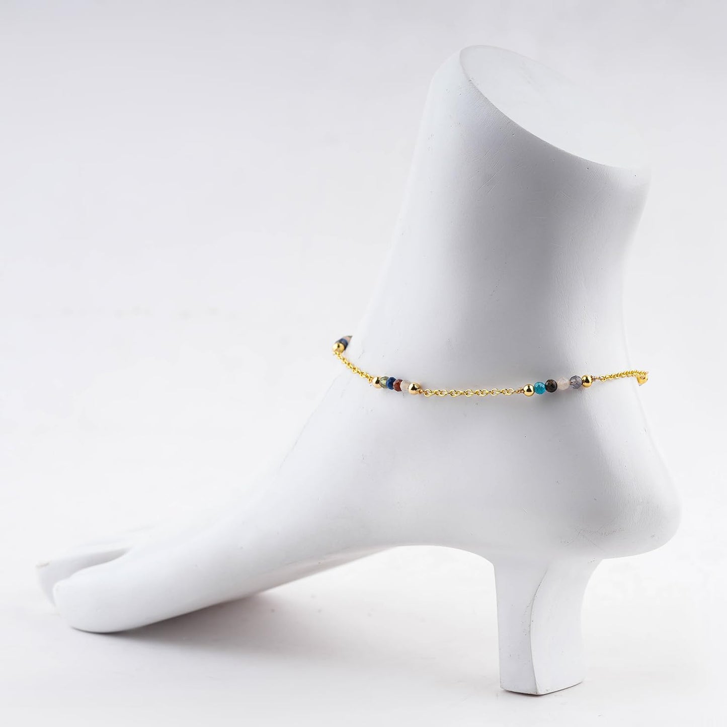 CRYSTALINES Natural Multi Gemstone Beads, Handmade Station Dangle Star Charms Anklet, 14K Gold Plated, Adjustable Fashion Boho Jewelry for Women, Healing Crystals, Christmas Gift