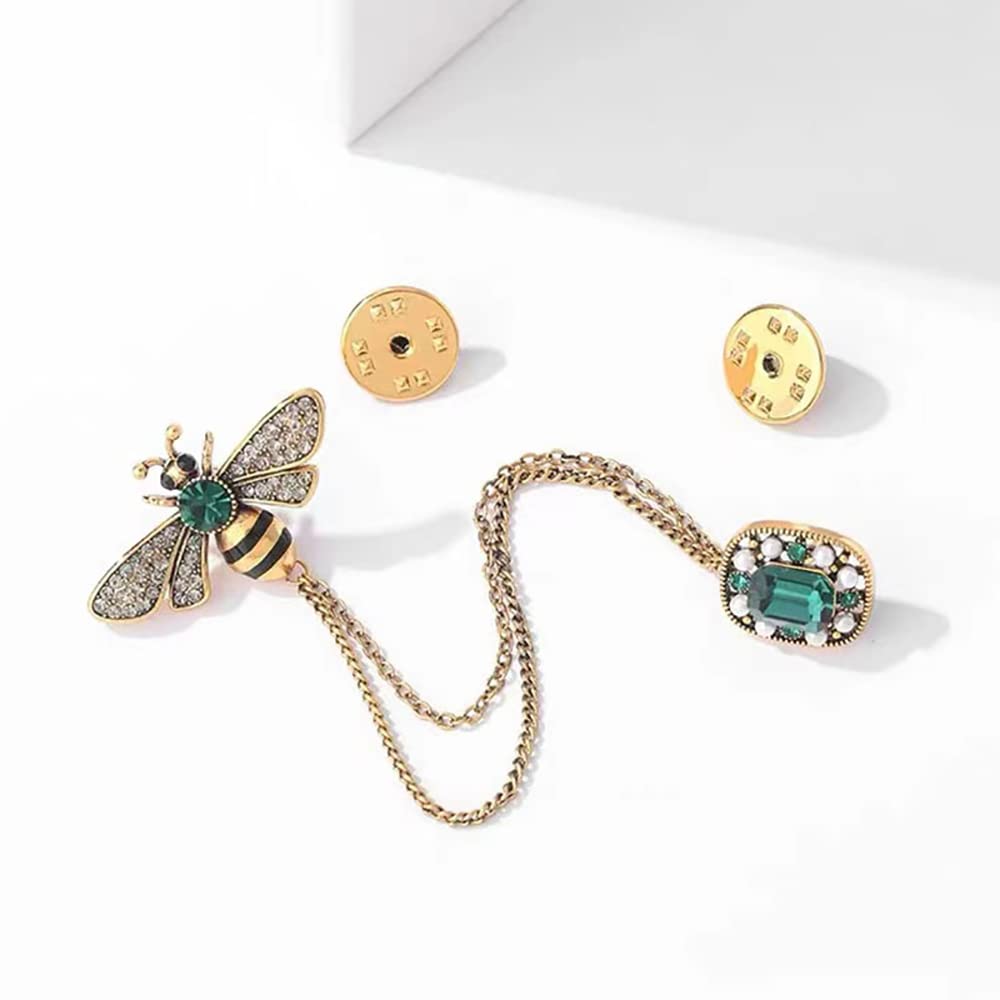 Vintage Honey Bee Brooch Pins for Women Men CZ Crystal Lapel Pin Badge Hanging Tassel Chains Collar Brooches Pin Shirt Collar Pins Hat Scarf Tie Pins Accessories