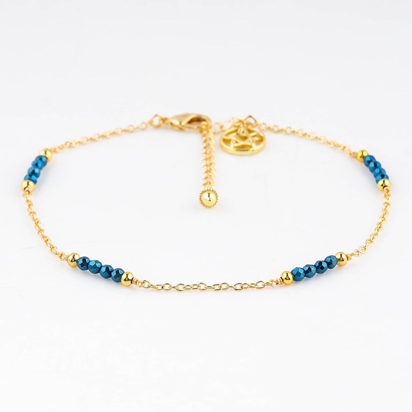 CRYSTALINES Natural Blue Hametite Gemstone Beads, Handmade Station Dangle Star Charms Anklet, 14K Gold Plated, Adjustable Fashion Boho Jewelry for Women, Healing Crystals, Christmas Gift
