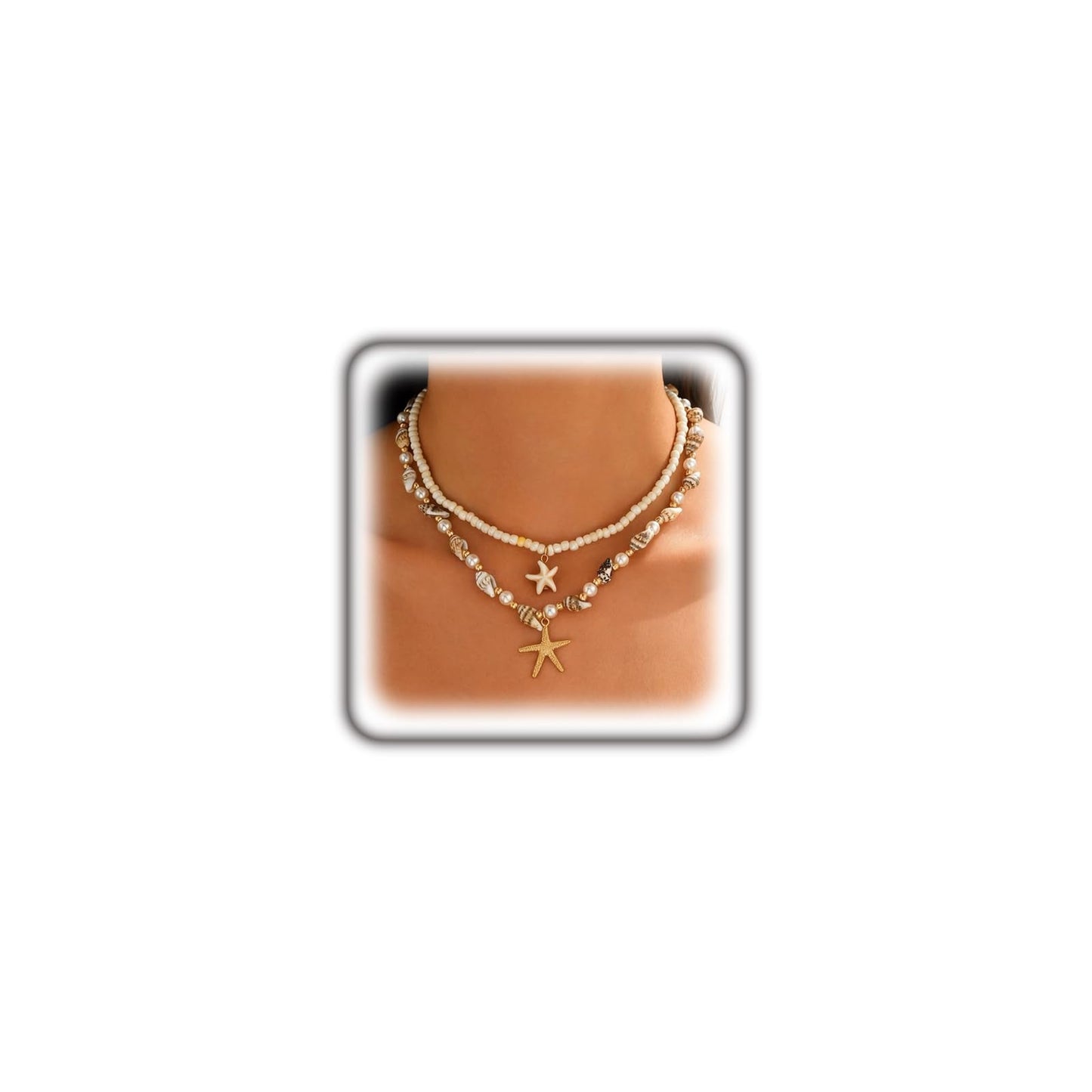 Starfish Conch Layered Necklaces for Women Charm Pearl Beaded Choker Necklace Boho Starfish Fish Pendant Necklaces Trendy Beach Jewlery Accessories (White1)