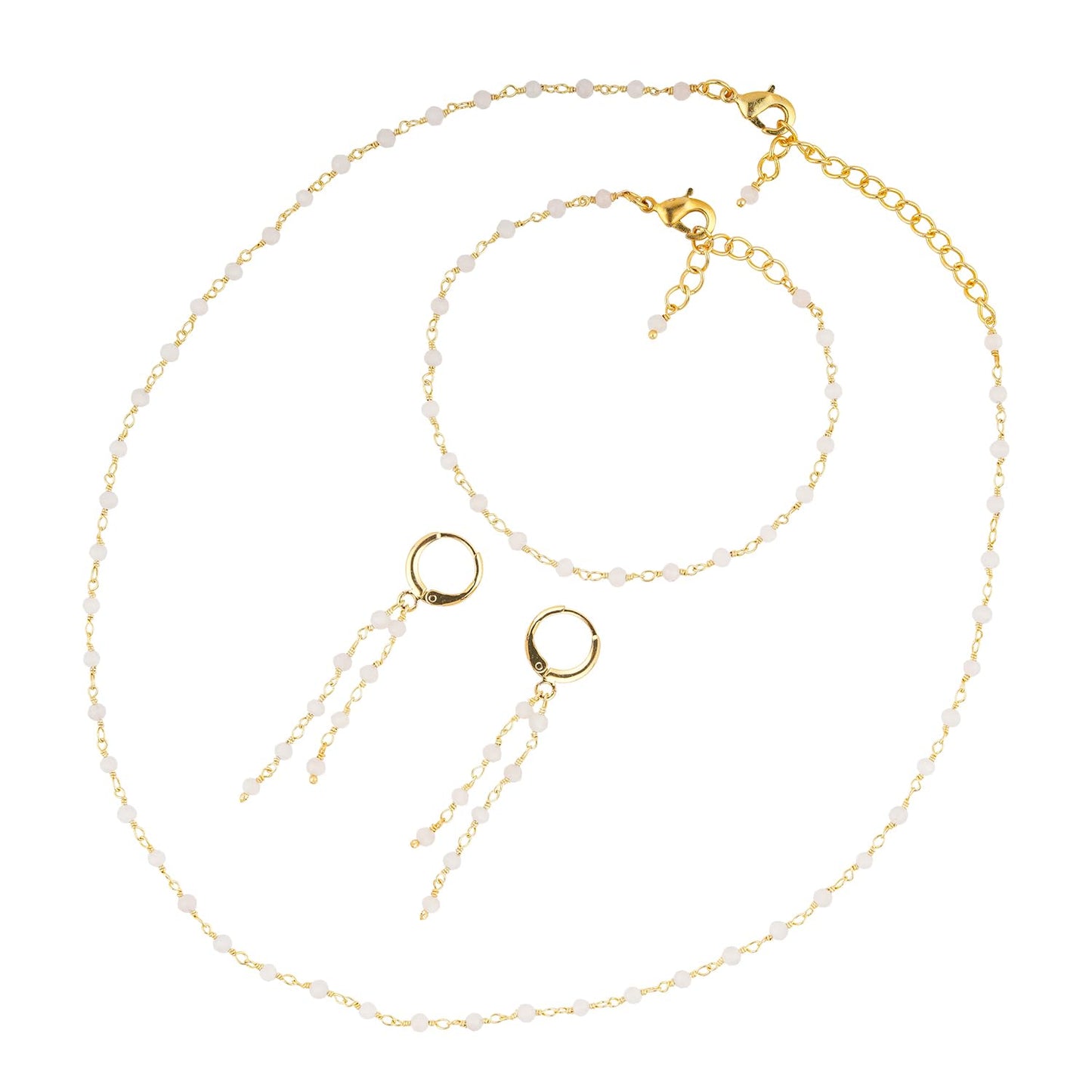 CRYSTALINES (3pcs) Natural Rose Quartz Gemstone Cluster Combo Set, 14K Gold Plated Jewelry, Quartz Crystals Rosary Chain, Handmade Bohemian Jewelry - Bracelets, Necklace, Earrings for Her