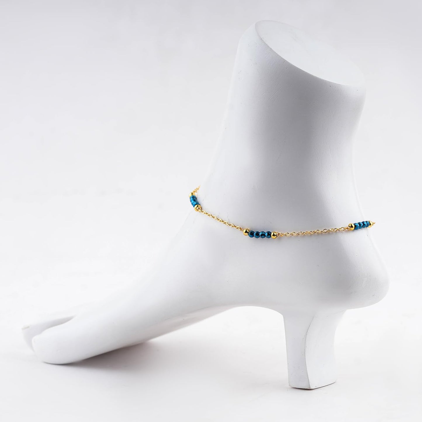 CRYSTALINES Natural Blue Hametite Gemstone Beads, Handmade Station Dangle Star Charms Anklet, 14K Gold Plated, Adjustable Fashion Boho Jewelry for Women, Healing Crystals, Christmas Gift