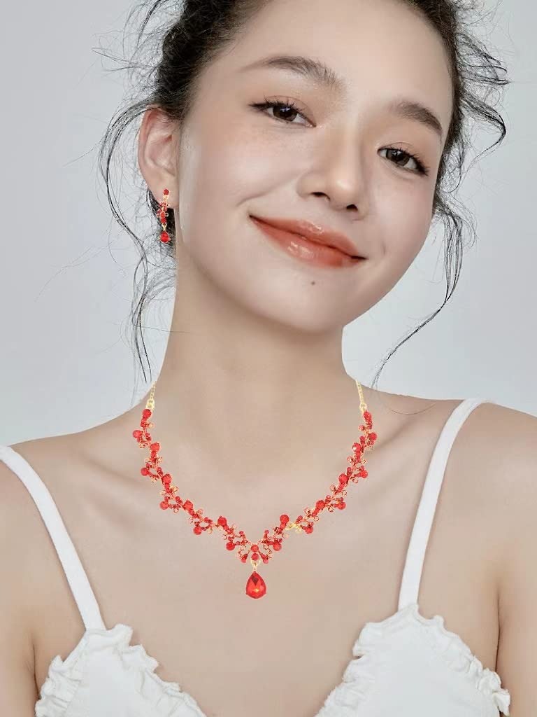 3Pcs Austrian Crystal Jewelry Set for Women, Necklace Dangle Earrings Link Bracelet Jewelry Set with Gold/Platinum/Gun Plated, Wedding Party Jewelry for Bridal Bridesmaid (Red-Gold Plated)
