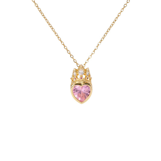 crataly Crown Heart Rose Quartz Necklace For Women-Gold Plated Pink CZ Princess Necklace For Valentines Day Mothers Day Christmas Birthday Gifts
