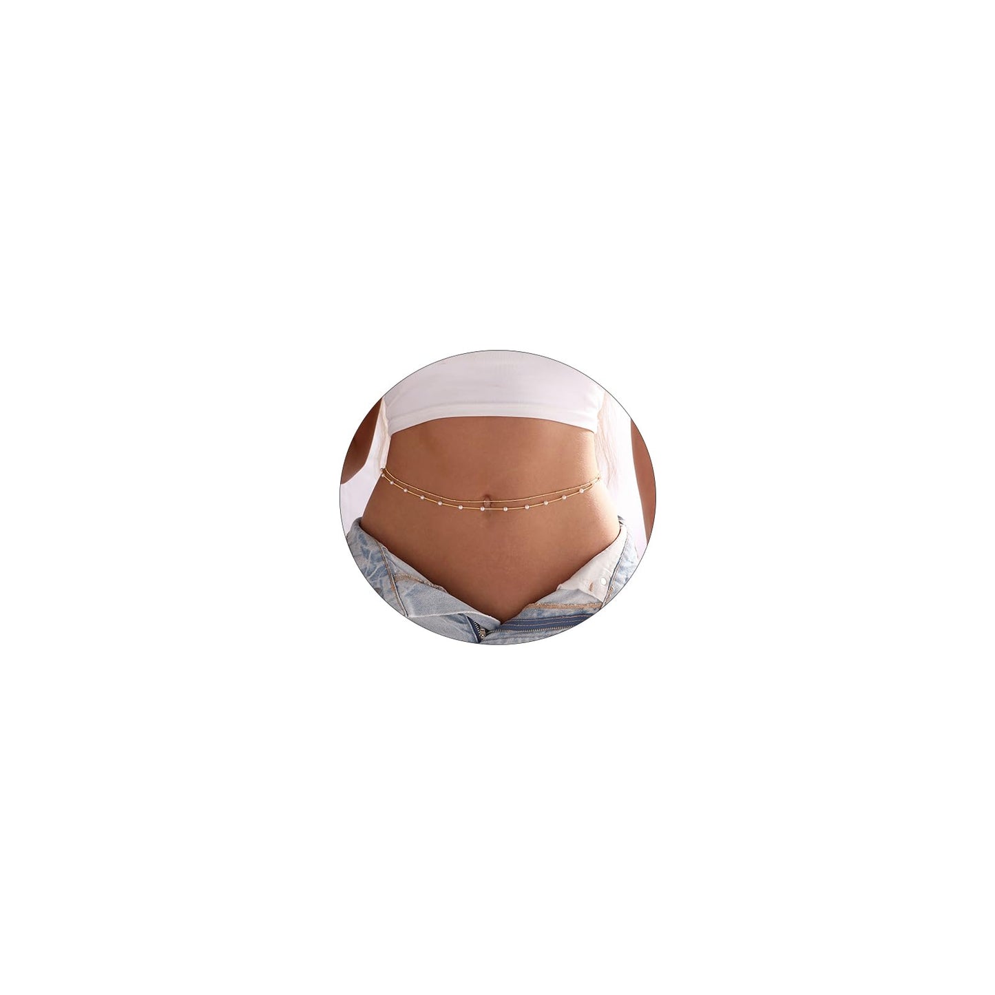 Amicon 2PCS 18K Gold Plated Waist Chain Pearl Belly Body Chain Layered Satellite Waist Chains Minimalist Beach Bikini Body Jewelry for Women 26.5-33Inch
